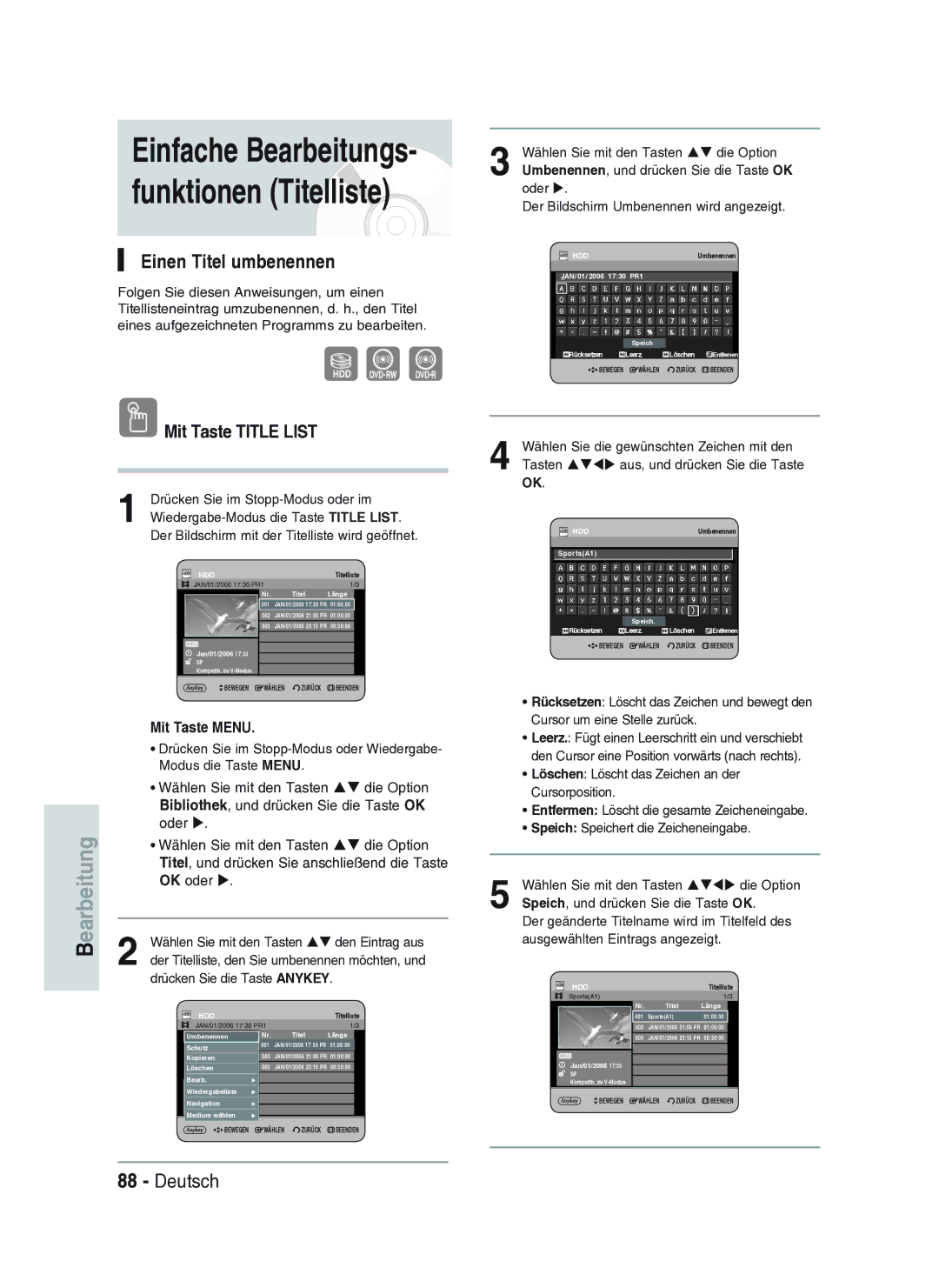 Samsung DVD-HR734A/XEG manual Einfache Bearbeitungs- funktionen Titelliste, Einen Titel umbenennen 