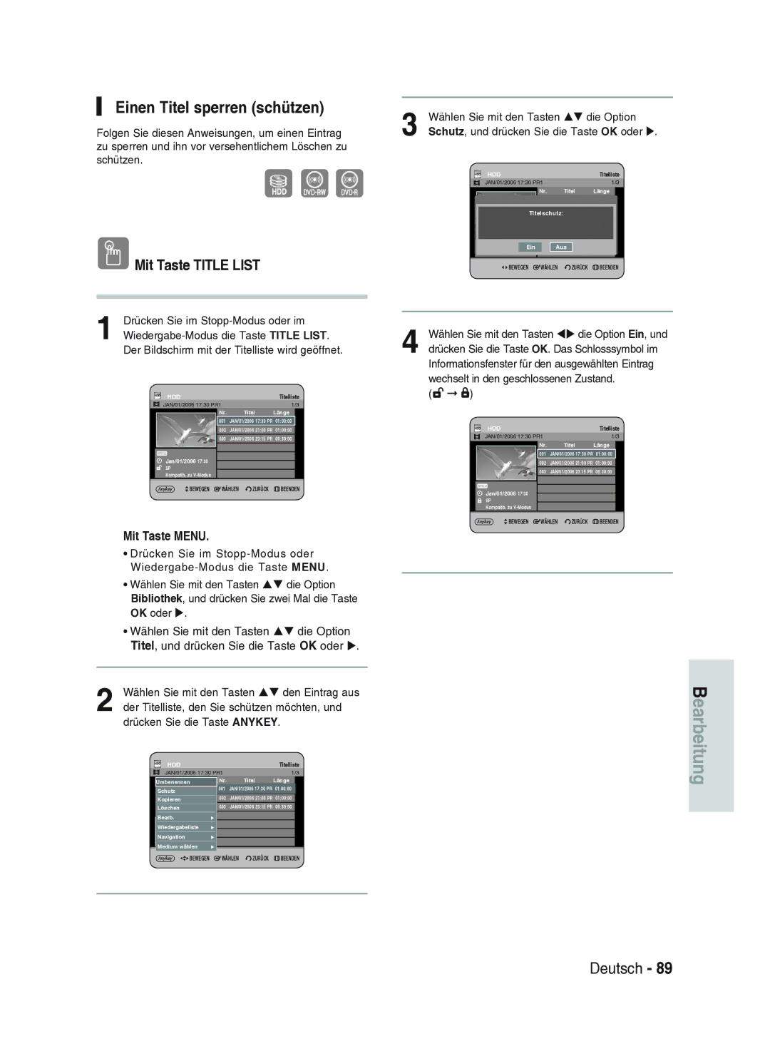 Samsung DVD-HR734A/XEG manual Einen Titel sperren schützen 