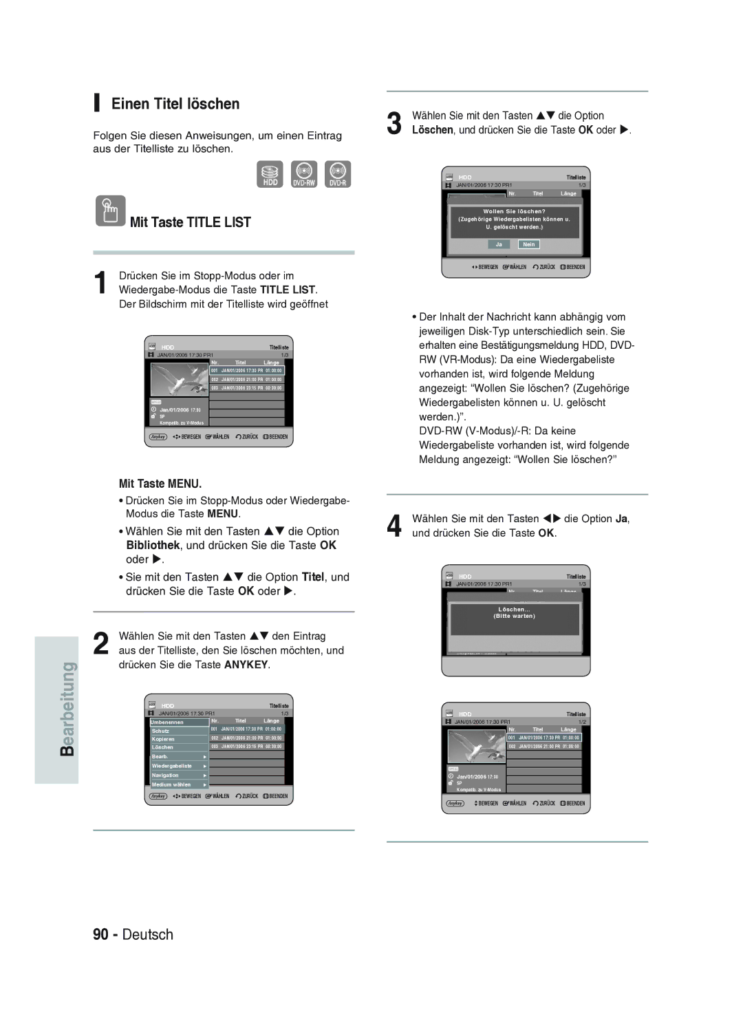 Samsung DVD-HR734A/XEG manual Einen Titel löschen, Wählen Sie mit den Tasten ST den Eintrag 