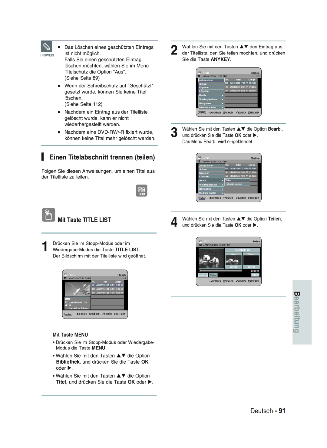 Samsung DVD-HR734A/XEG manual Einen Titelabschnitt trennen teilen, Wählen Sie mit den Tasten ST den Eintrag aus 