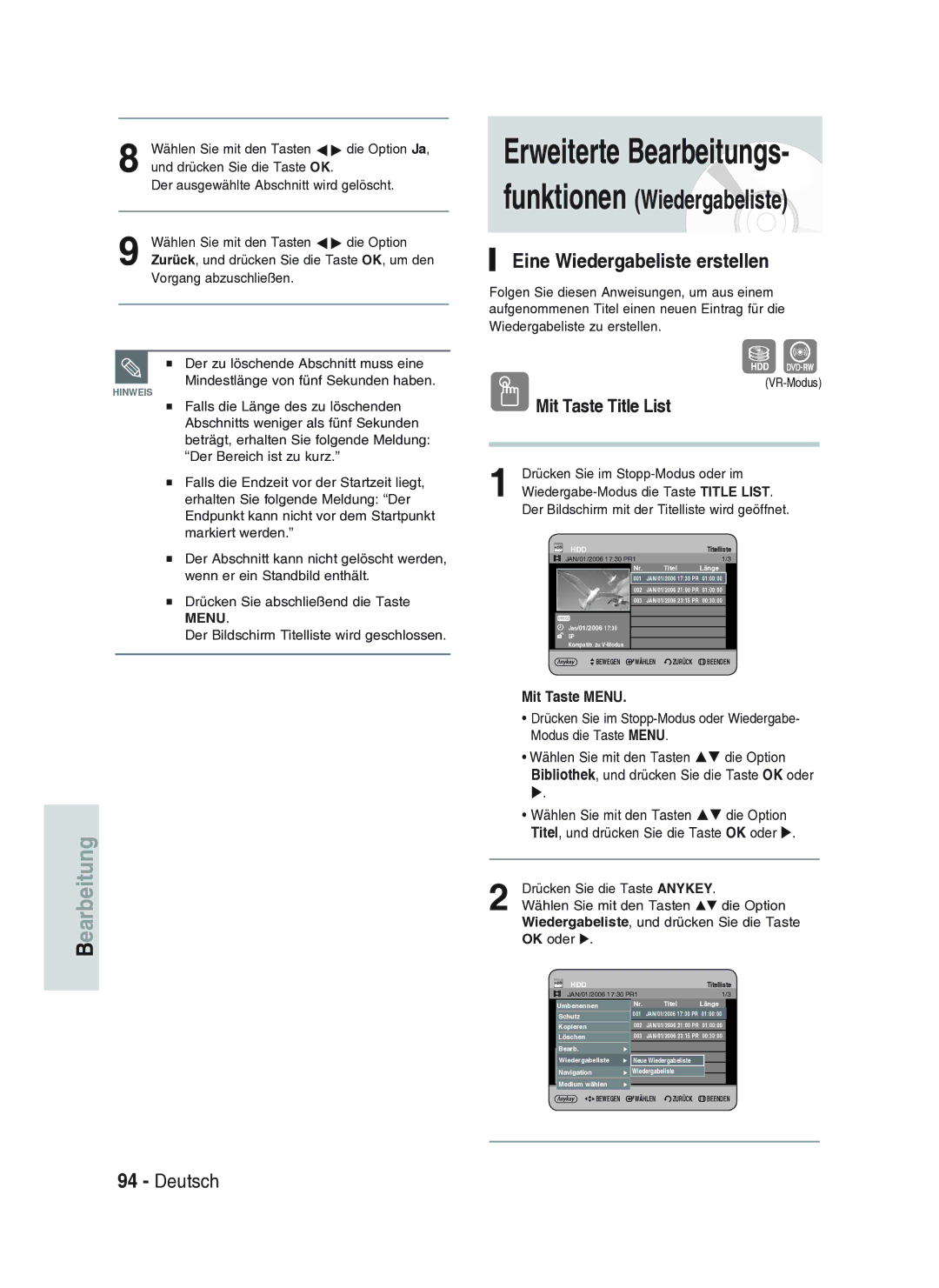 Samsung DVD-HR734A/XEG manual Eine Wiedergabeliste erstellen, Der Bildschirm Titelliste wird geschlossen 