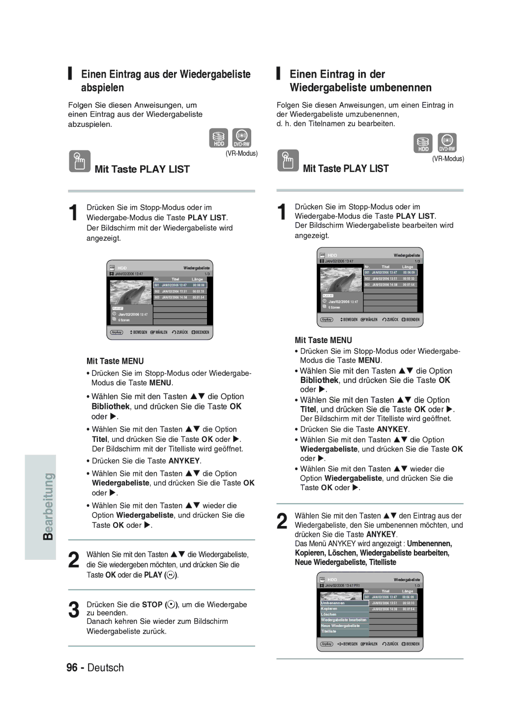 Samsung DVD-HR734A/XEG manual Einen Eintrag aus der Wiedergabeliste abspielen, Mit Taste Play List 