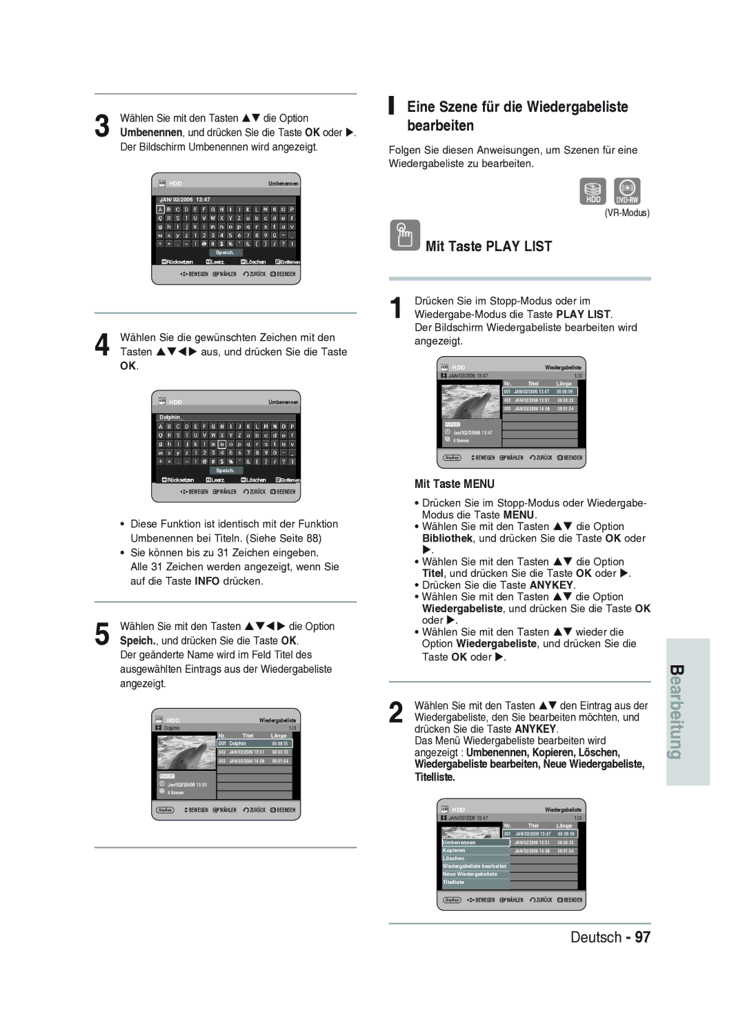 Samsung DVD-HR734A/XEG manual Eine Szene für die Wiedergabeliste bearbeiten 