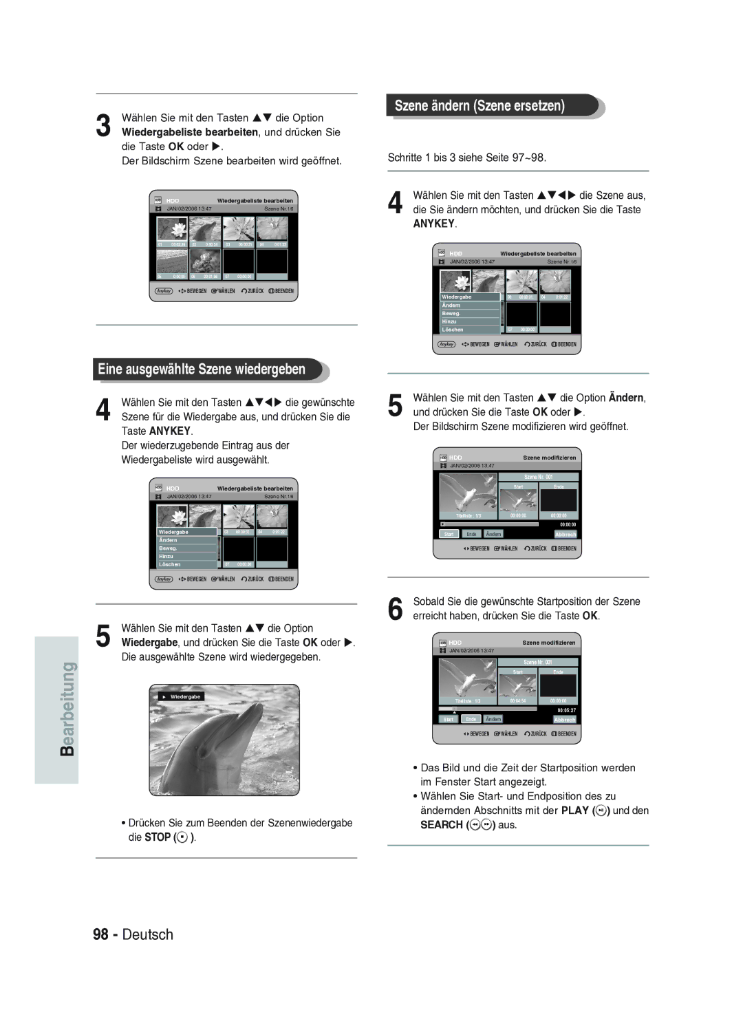 Samsung DVD-HR734A/XEG manual Schritte 1 bis 3 siehe Seite 97~98, Die ausgewählte Szene wird wiedergegeben 