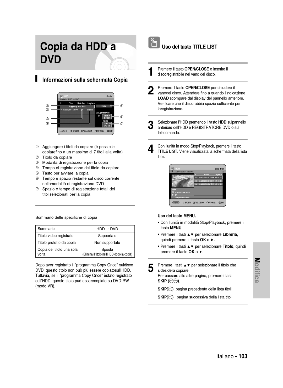 Samsung DVD-HR734A/XET manual Copia da HDD a, Informazioni sulla schermata Copia 