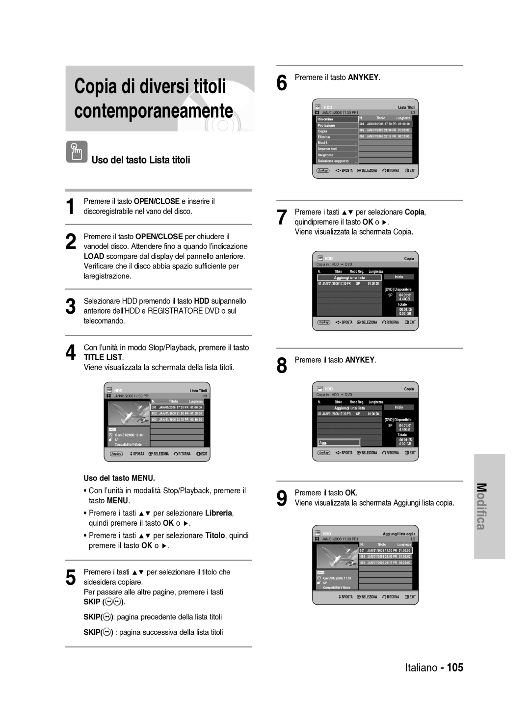 Samsung DVD-HR734A/XET manual Copia di diversi titoli contemporaneamente, Uso del tasto Lista titoli 