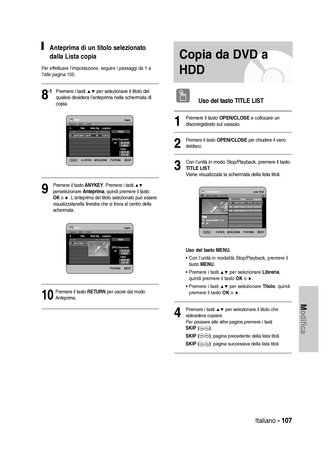 Samsung DVD-HR734A/XET manual Copia da DVD a, Anteprima di un titolo selezionato dalla Lista copia 