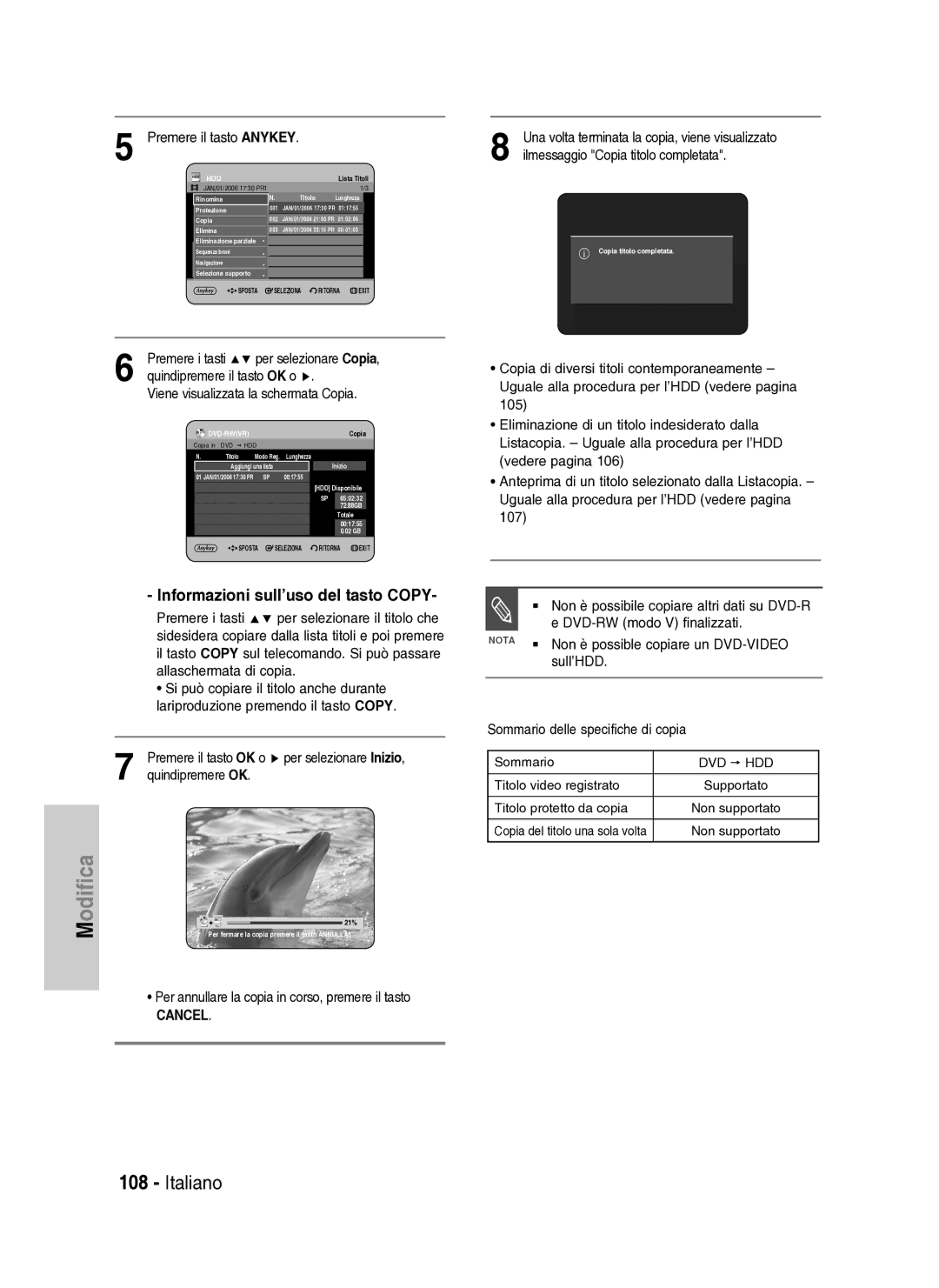 Samsung DVD-HR734A/XET manual Informazioni sull’uso del tasto Copy, Sommario 