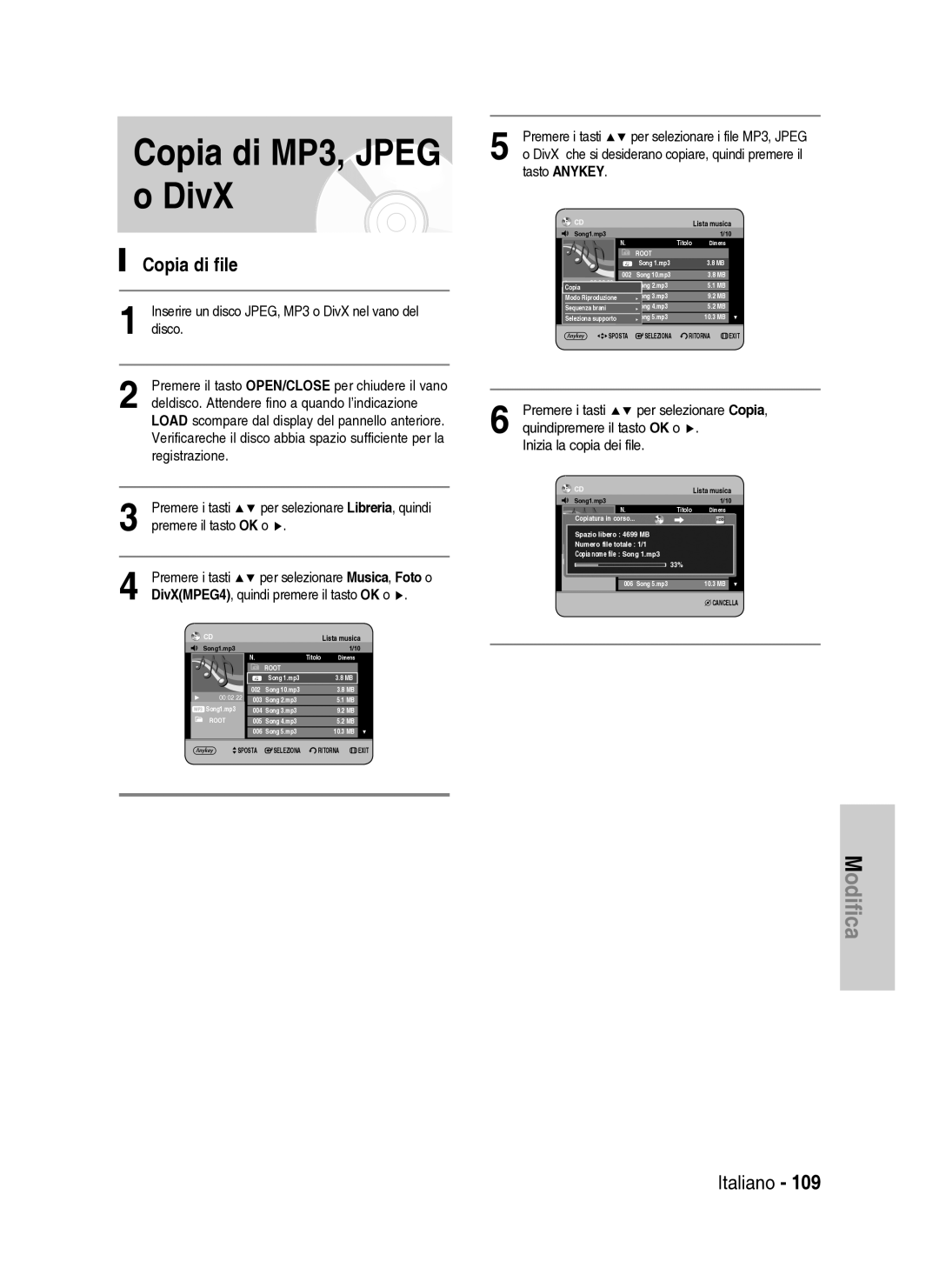 Samsung DVD-HR734A/XET manual Copia di MP3, Jpeg o DivX, Copia di file, DivXMPEG4, quindi premere il tasto OK o 