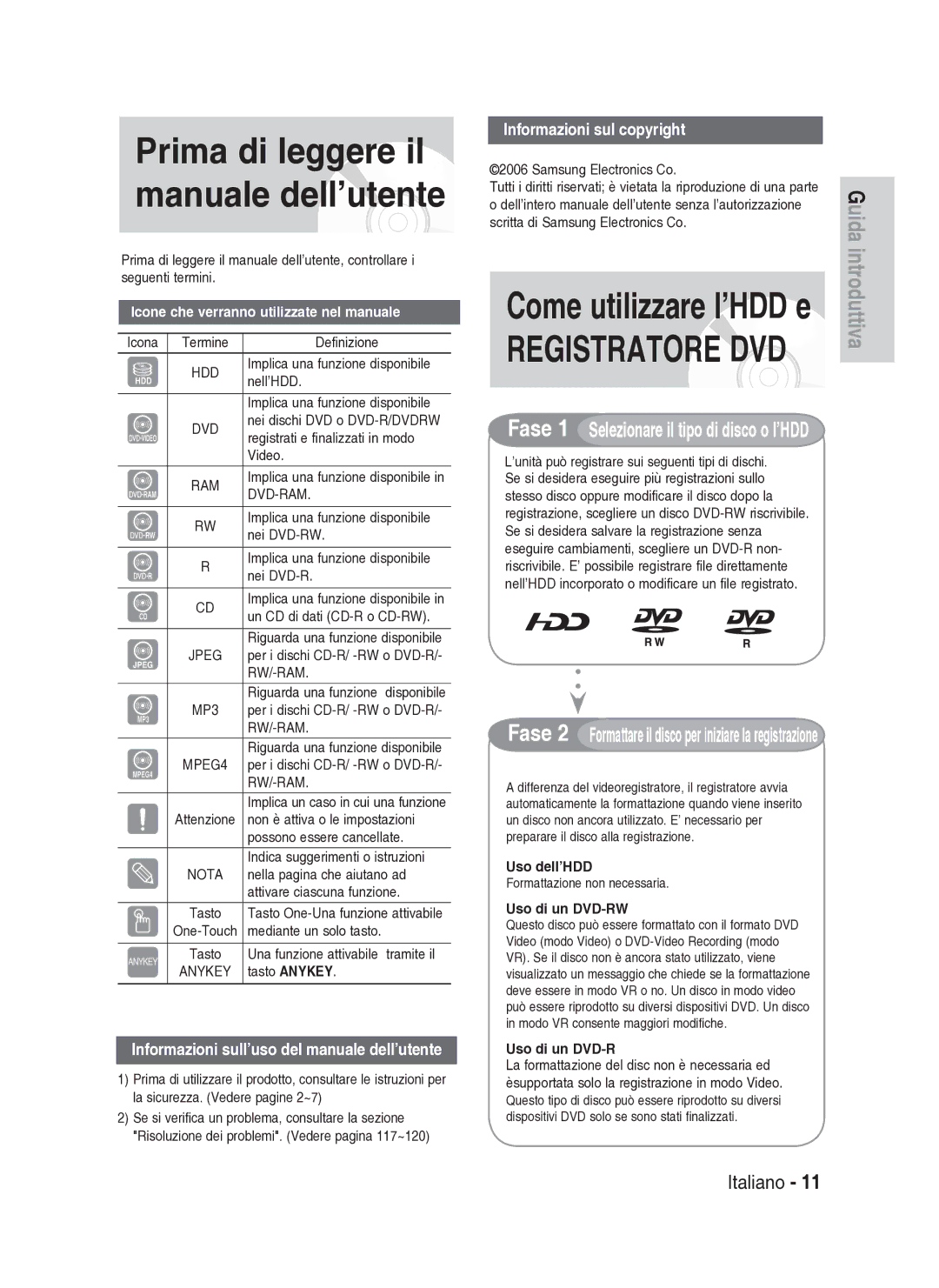 Samsung DVD-HR734A/XET Prima di leggere il manuale dell’utente, Icone che verranno utilizzate nel manuale 