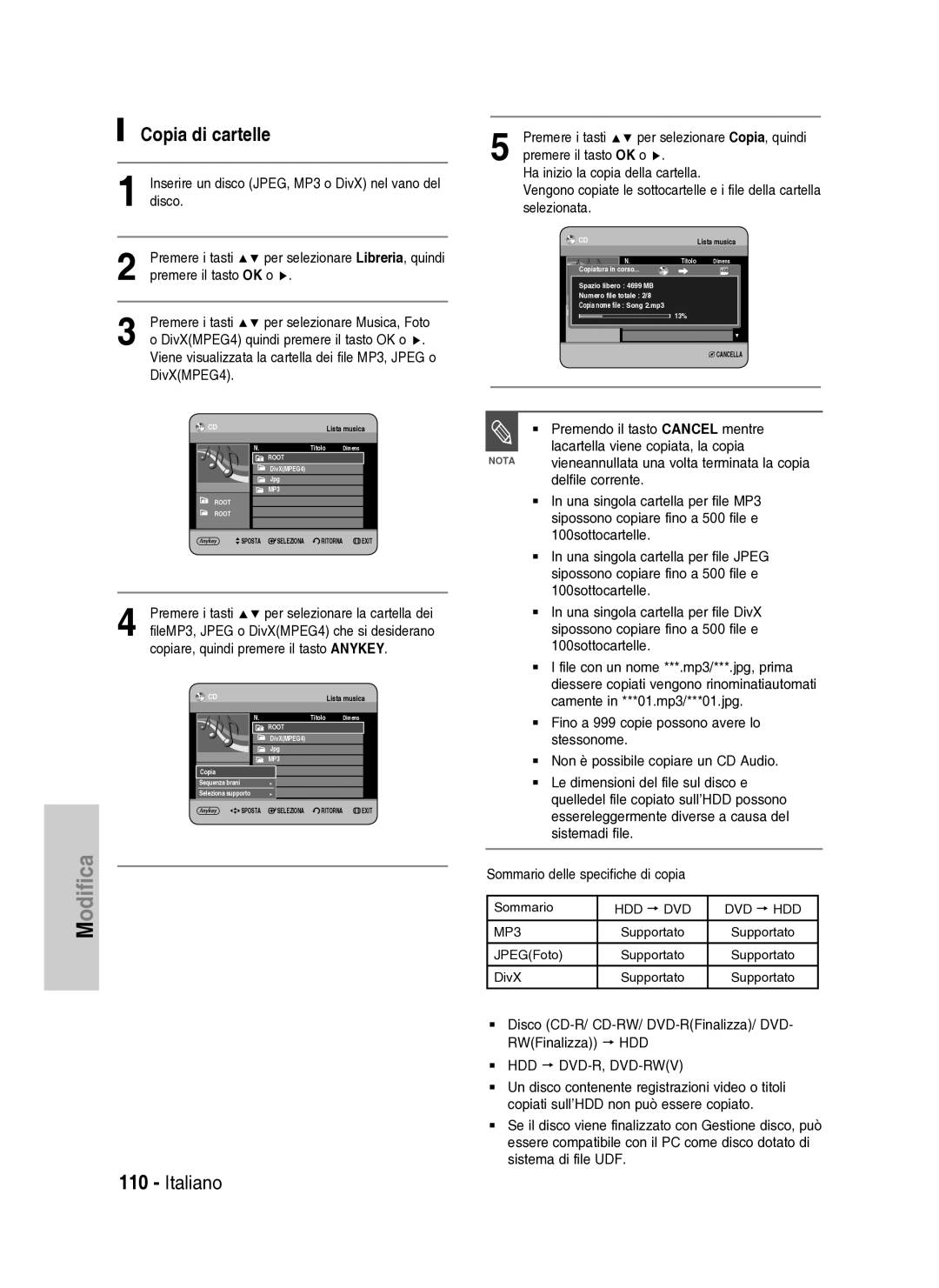 Samsung DVD-HR734A/XET manual Copia di cartelle, Premere il tasto OK o Ha inizio la copia della cartella, Selezionata 