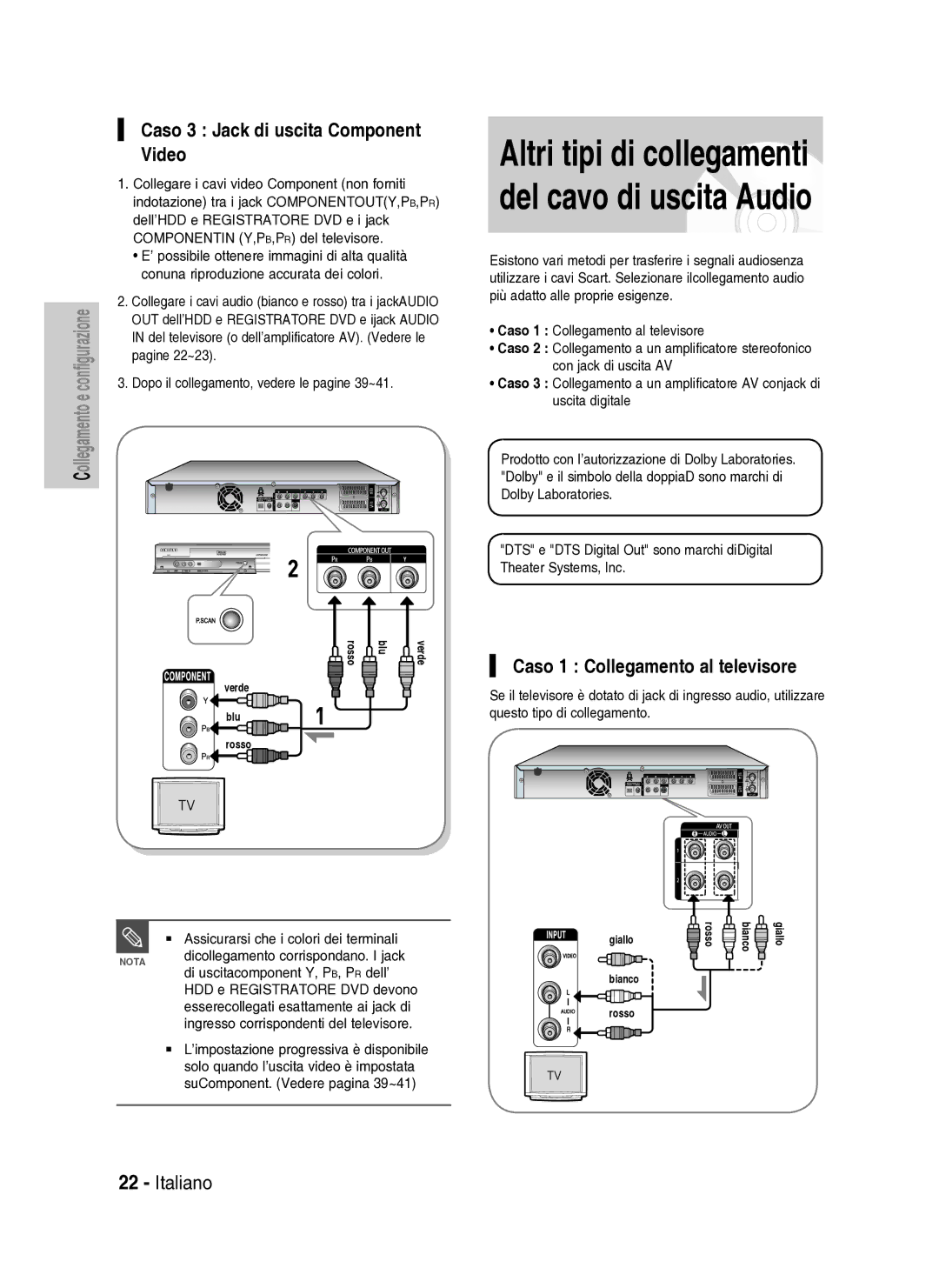 Samsung DVD-HR734A/XET manual Caso 3 Jack di uscita Component Video, Caso 1 Collegamento al televisore 