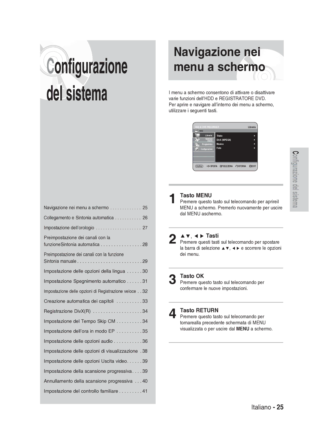 Samsung DVD-HR734A/XET manual Configurazione del sistema, Navigazione nei menu a schermo 