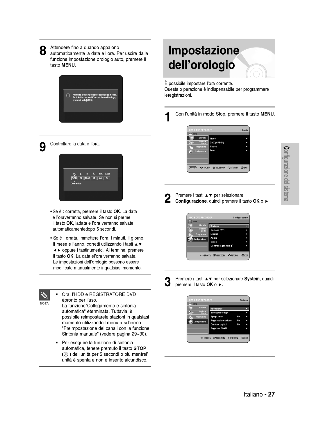 Samsung DVD-HR734A/XET manual Impostazione dell’orologio, Per selezionare, Configurazione, quindi premere il tasto OK o 