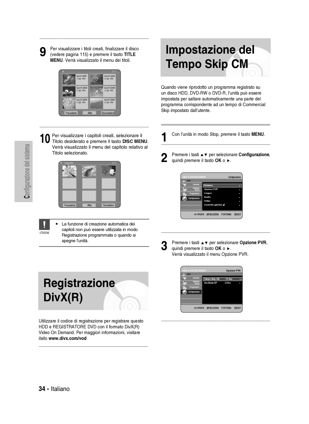 Samsung DVD-HR734A/XET manual Registrazione DivXR, Impostazione del Tempo Skip CM 