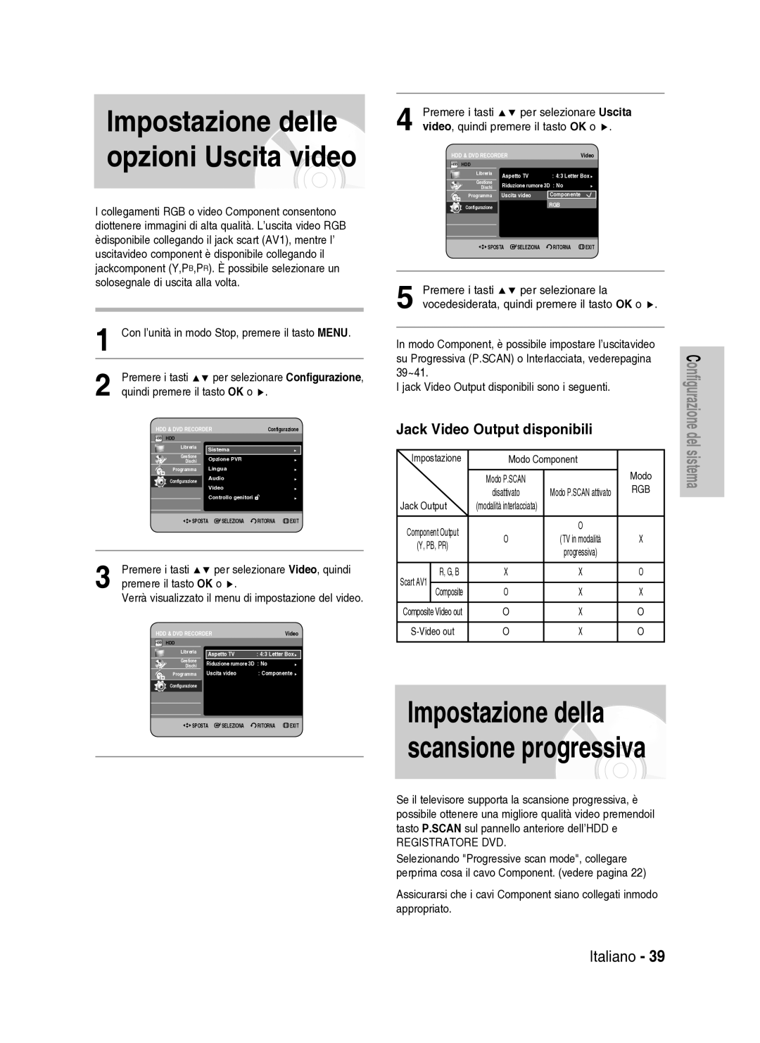 Samsung DVD-HR734A/XET manual Impostazione delle opzioni Uscita video, Jack Video Output disponibili, 39~41 