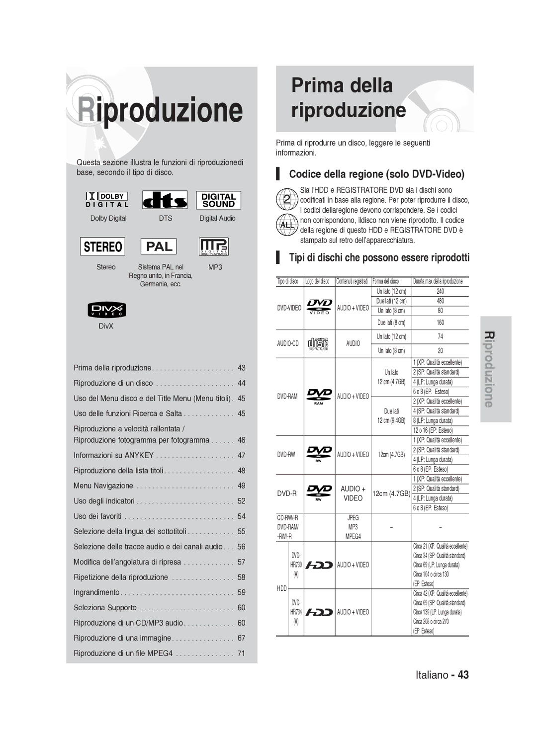 Samsung DVD-HR734A/XET manual Codice della regione solo DVD-Video, Tipi di dischi che possono essere riprodotti 