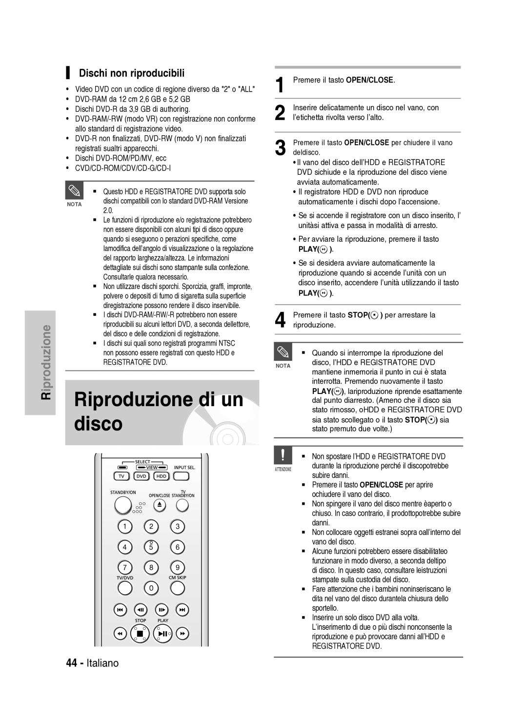 Samsung DVD-HR734A/XET manual Riproduzione di un disco, Dischi non riproducibili 