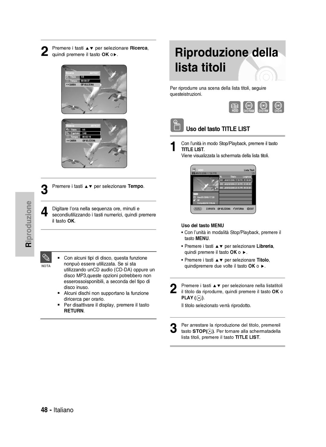 Samsung DVD-HR734A/XET manual Riproduzione della lista titoli, Uso del tasto Title List, Uso del tasto Menu 