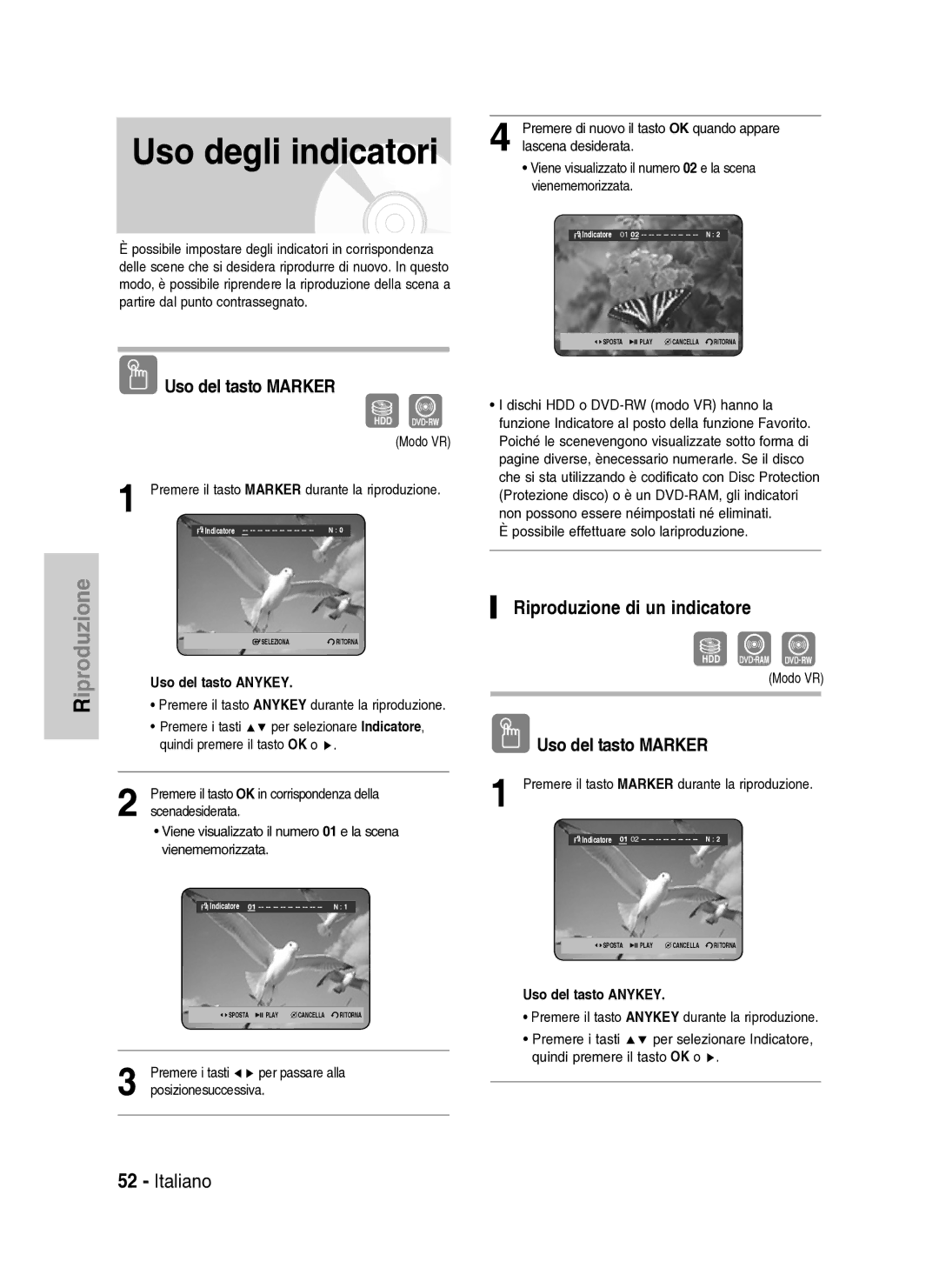 Samsung DVD-HR734A/XET Uso degli indicatori, Riproduzione di un indicatore, Uso del tasto Marker, Uso del tasto Anykey 