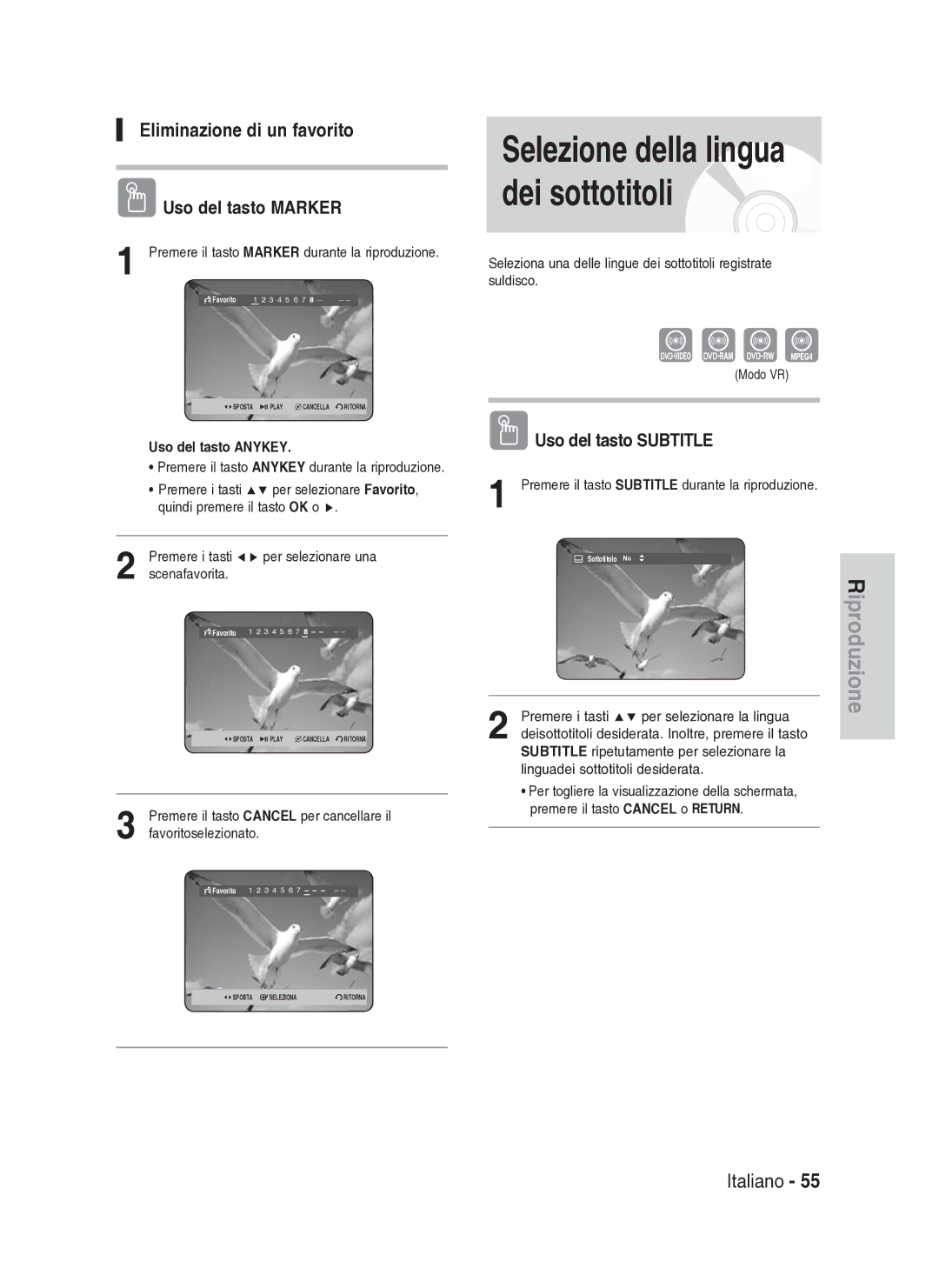 Samsung DVD-HR734A/XET manual Eliminazione di un favorito, Uso del tasto Subtitle, Modo VR 