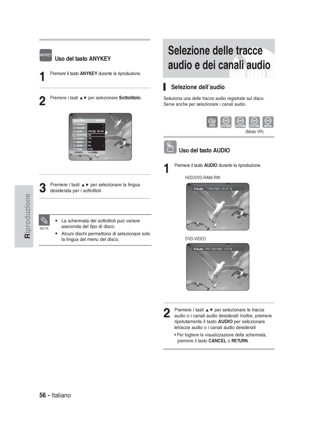 Samsung DVD-HR734A/XET manual Selezione dell’audio, Uso del tasto Audio 