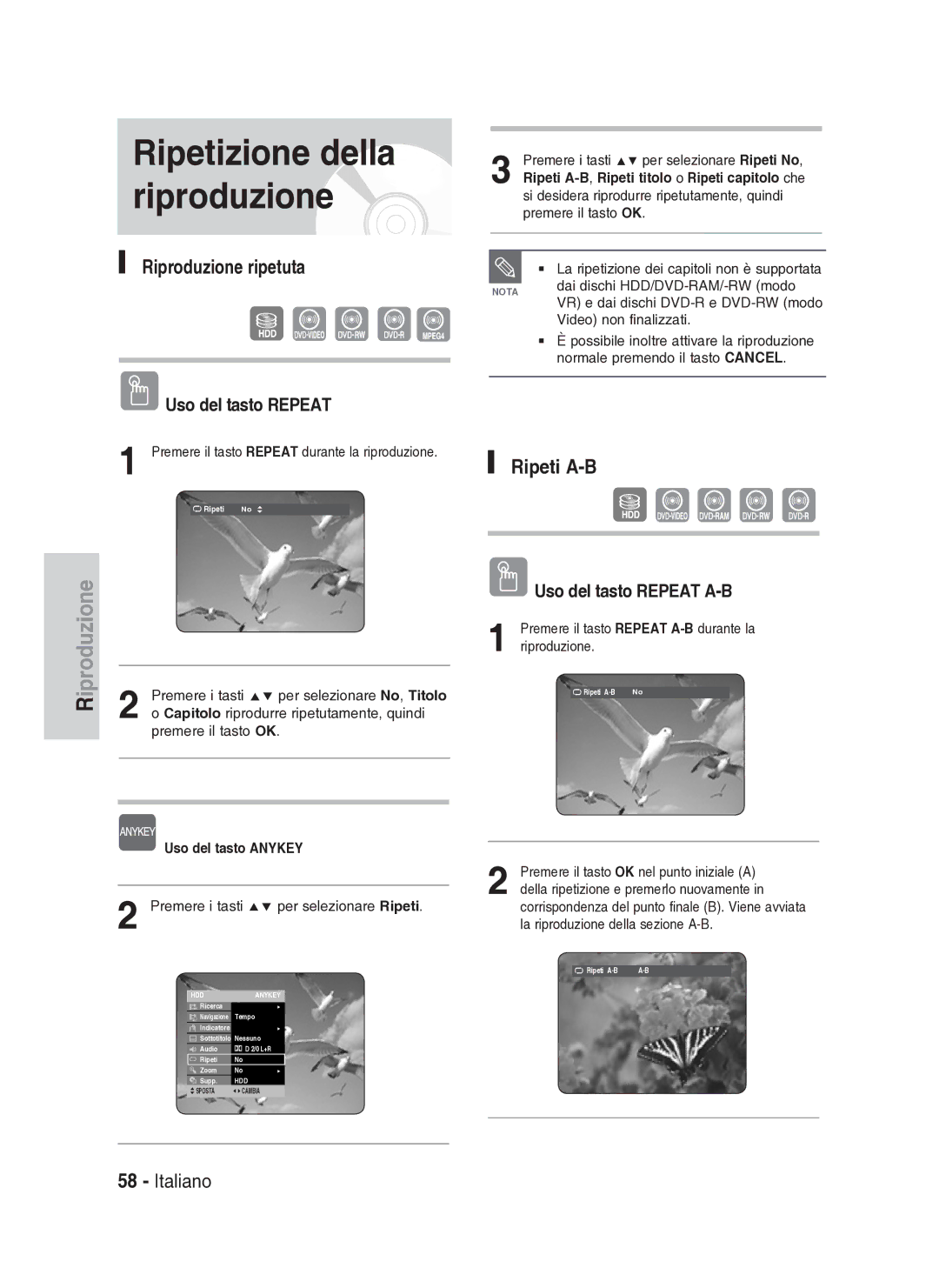 Samsung DVD-HR734A/XET manual Riproduzione ripetuta, Ripeti A-B, Uso del tasto Repeat A-B 