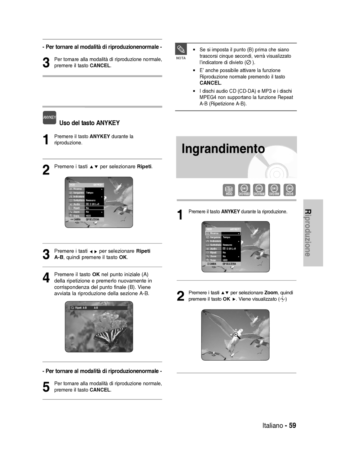 Samsung DVD-HR734A/XET manual Ingrandimento, Per tornare al modalità di riproduzionenormale 