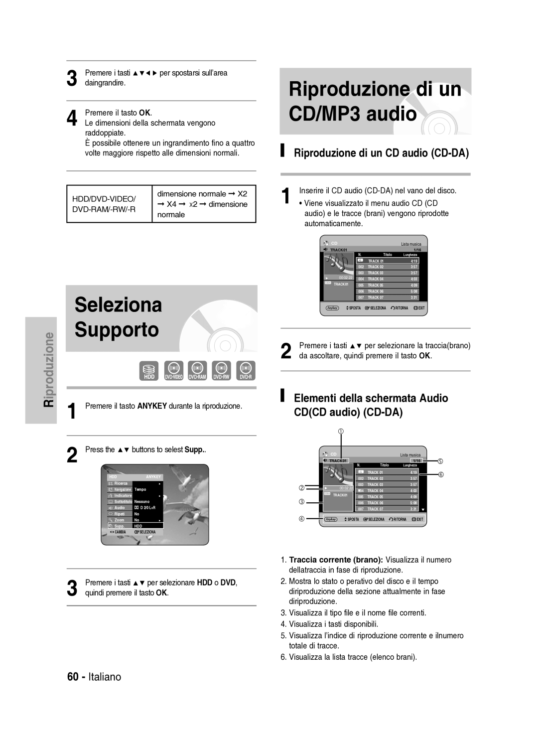 Samsung DVD-HR734A/XET Riproduzione di un CD/MP3 audio, Riproduzione di un CD audio CD-DA, Press Buttons to selest Supp 