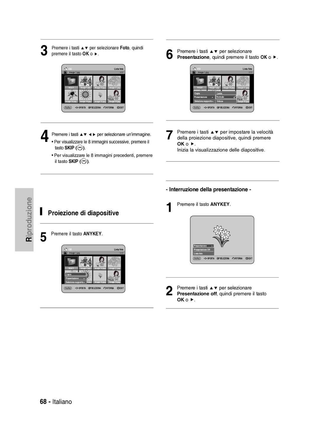 Samsung DVD-HR734A/XET Proiezione di diapositive, Interruzione della presentazione, Premere i tasti Per selezionare, OK o 