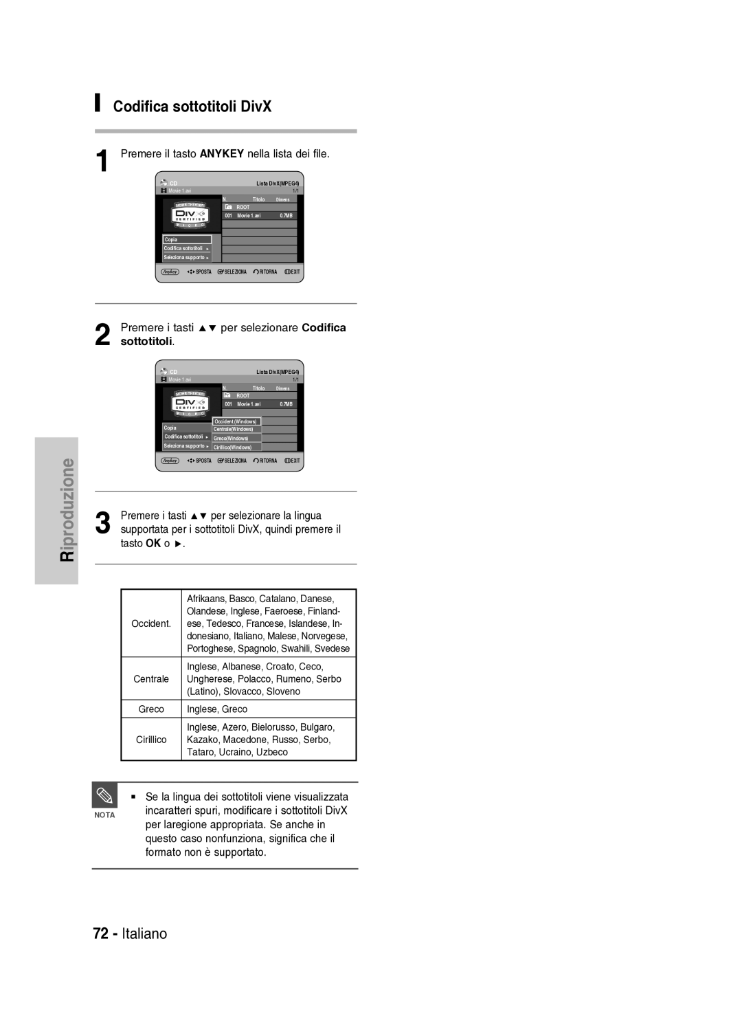 Samsung DVD-HR734A/XET manual Codifica sottotitoli DivX, Sottotitoli 