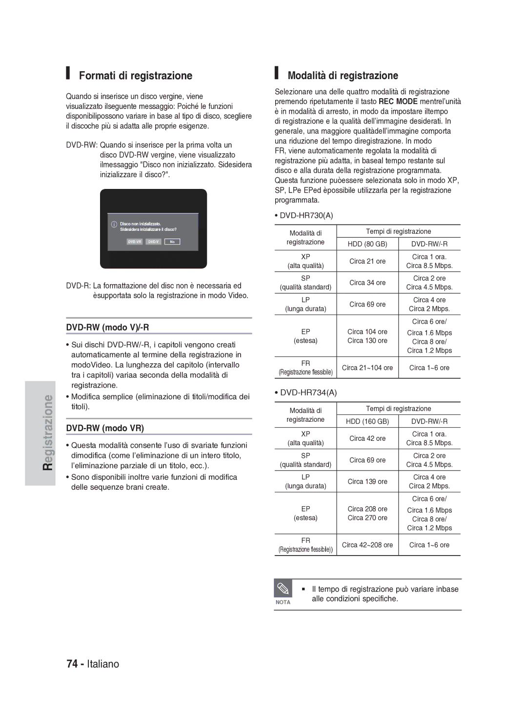 Samsung DVD-HR734A/XET manual Formati di registrazione, Modalità di registrazione, DVD-RW modo V/-R, DVD-RW modo VR 