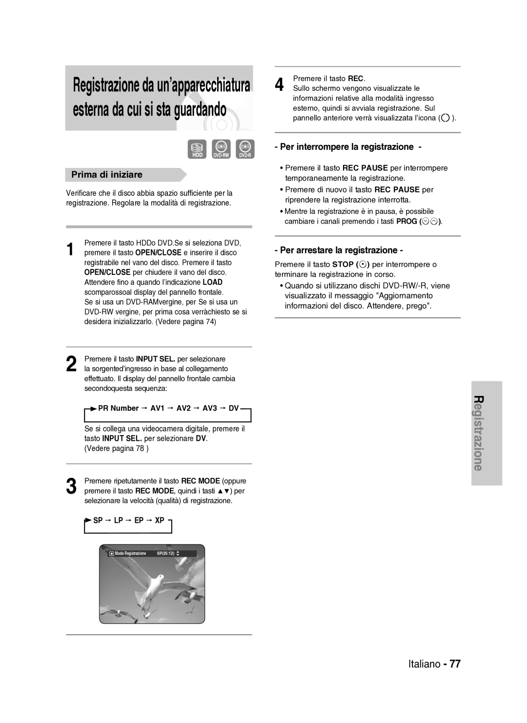 Samsung DVD-HR734A/XET manual Prima di iniziare, Tasto Input SEL. per selezionare DV 