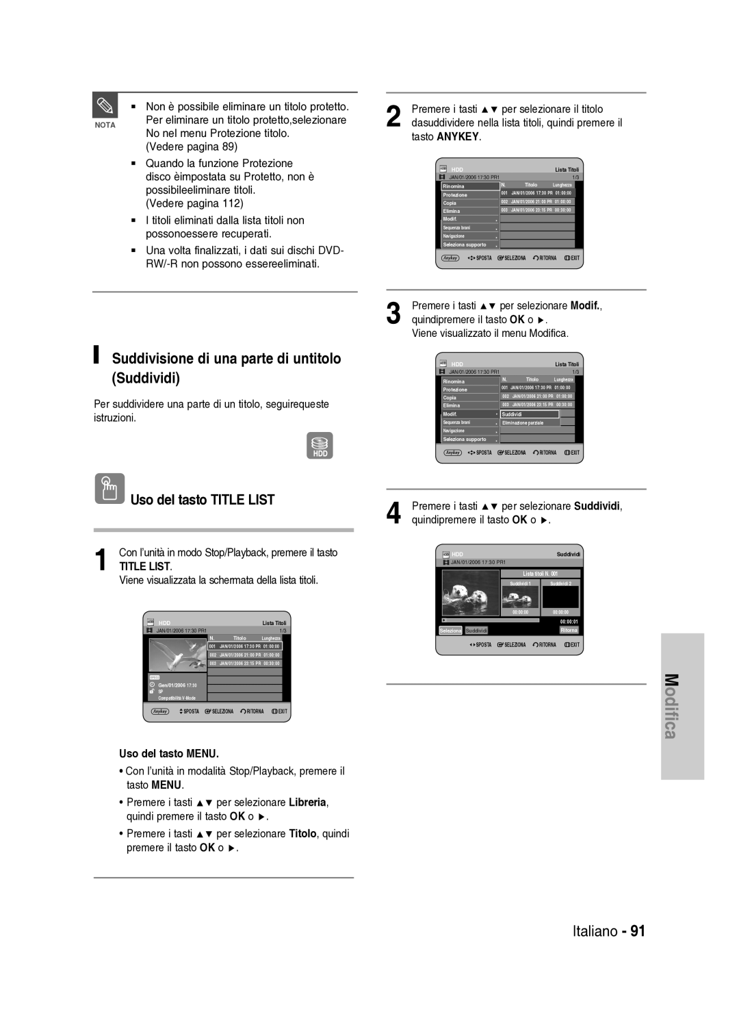 Samsung DVD-HR734A/XET Suddivisione di una parte di untitolo Suddividi,  Non è possibile eliminare un titolo protetto 