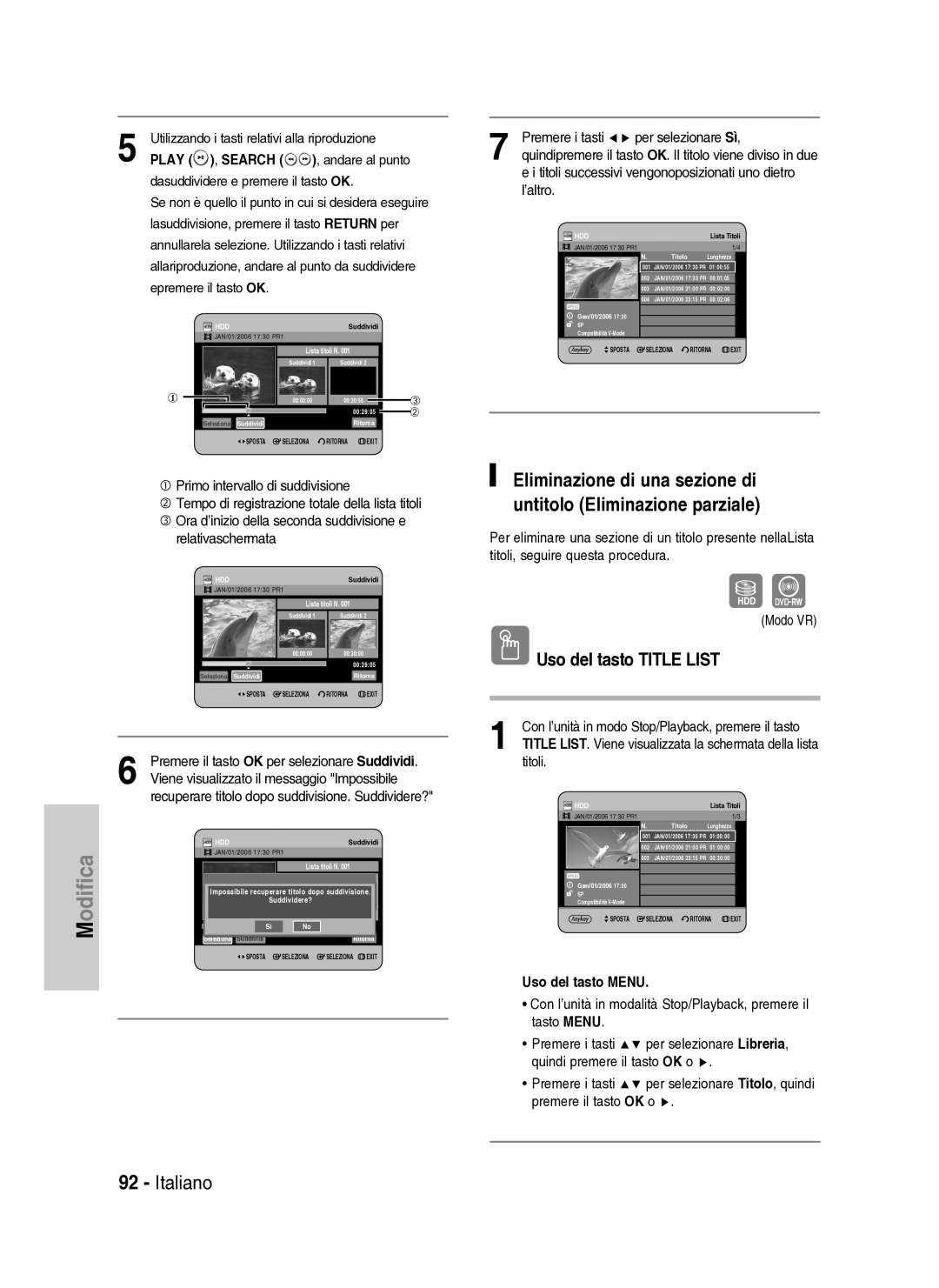 Samsung DVD-HR734A/XET Primo intervallo di suddivisione, Relativaschermata Premere i tasti Per selezionare Sì, ’altro 