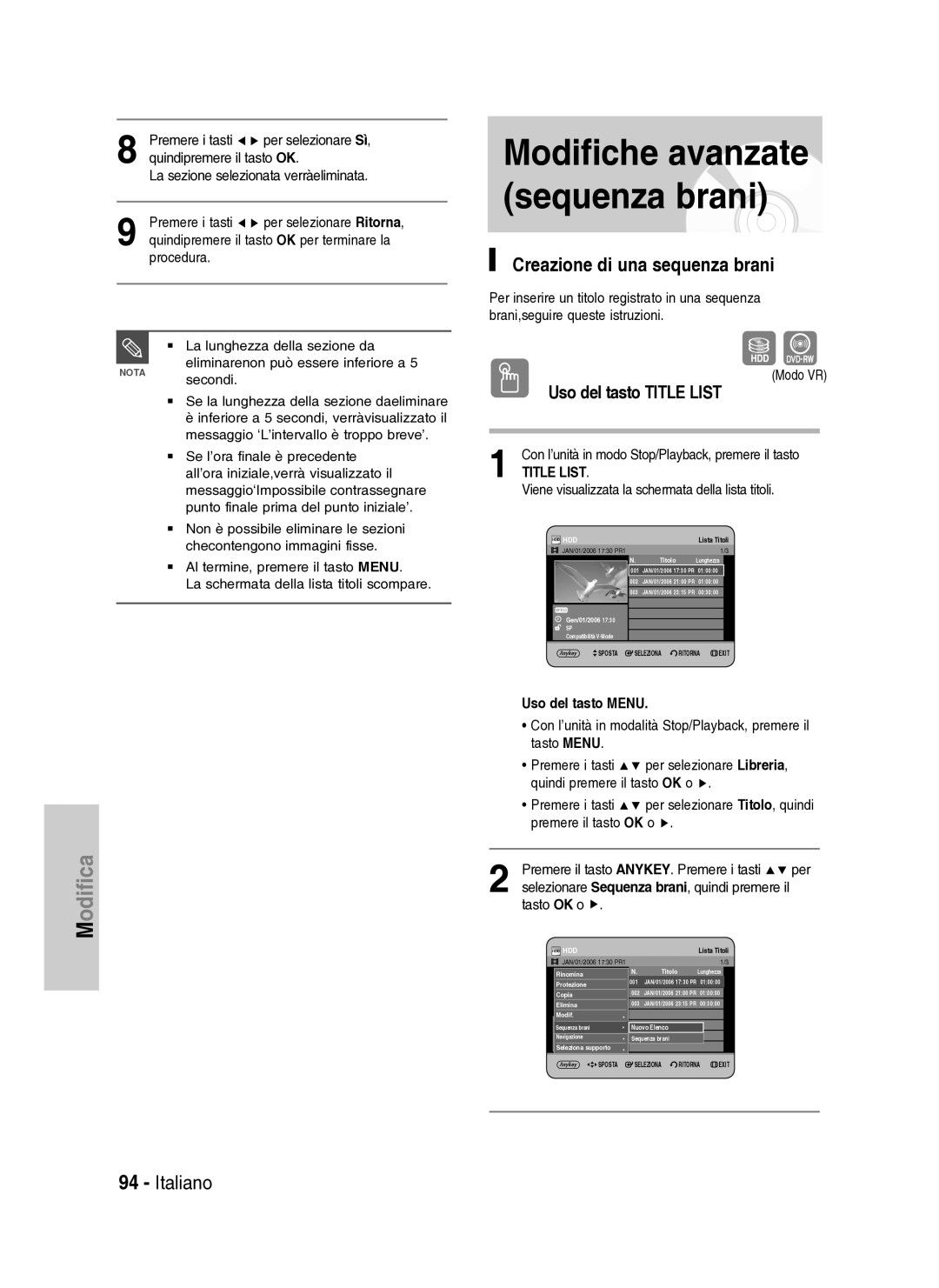 Samsung DVD-HR734A/XET manual Creazione di una sequenza brani, Viene visualizzata la schermata della lista titoli, Per 