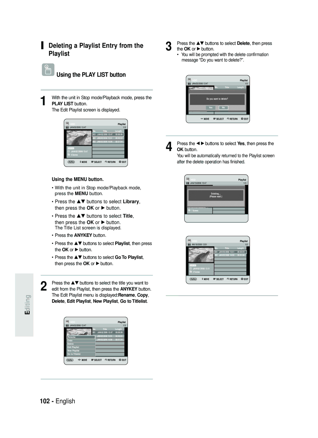 Samsung DVD-HR734/EUR, DVD-HR730/EUR manual Deleting a Playlist Entry from the Playlist, HDDPlaylist 