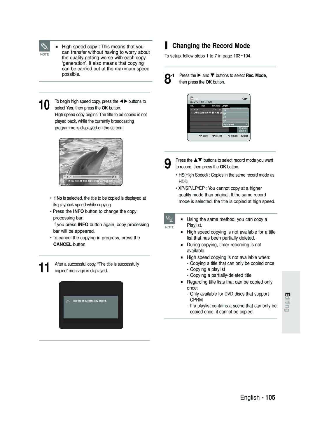 Samsung DVD-HR730/EUR, DVD-HR734/EUR manual Changing the Record Mode 