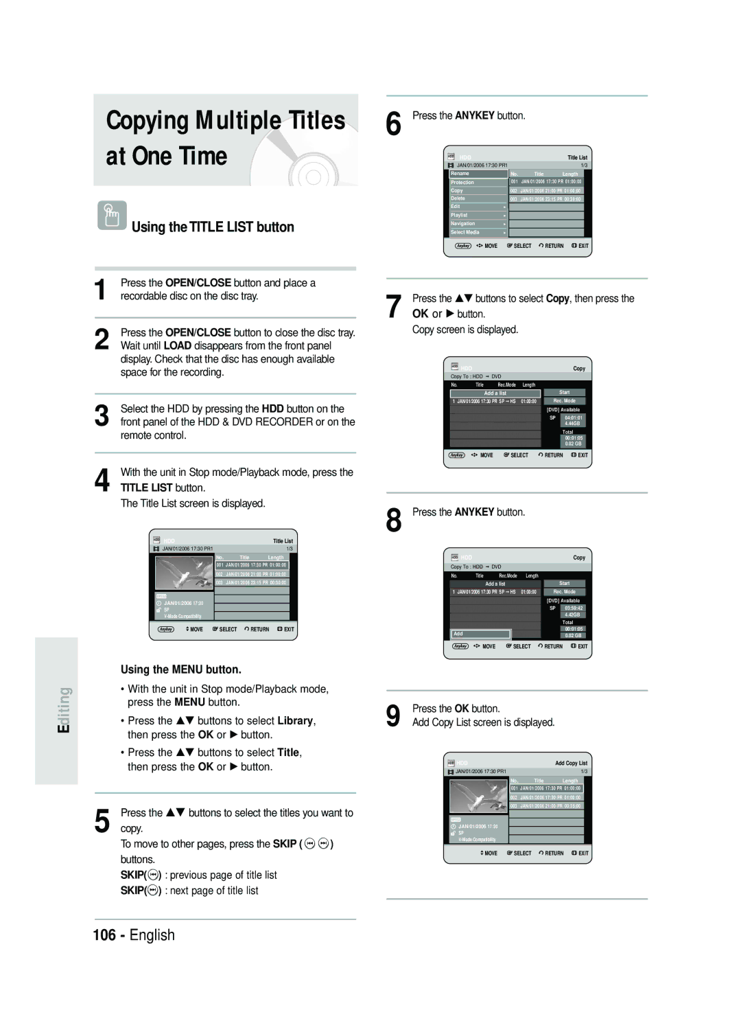 Samsung DVD-HR734/EUR manual Copying Multiple Titles at One Time, Copy To move to other pages, press the Skip Buttons 