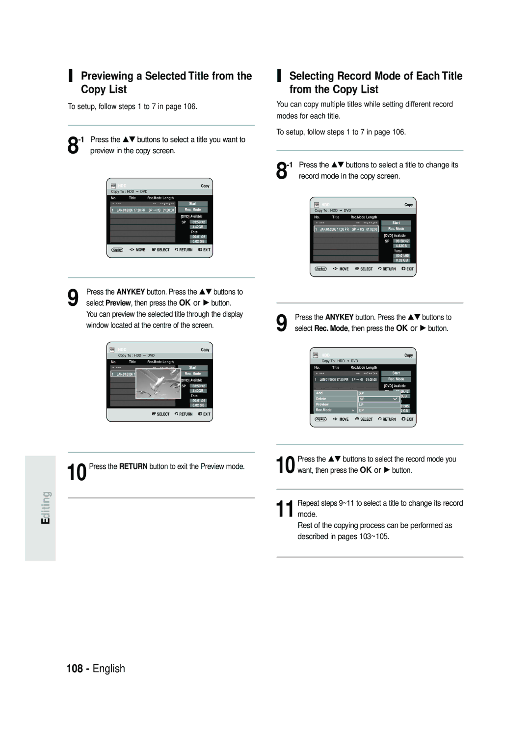 Samsung DVD-HR734/EUR manual Previewing a Selected Title from the Copy List, Window located at the centre of the screen 