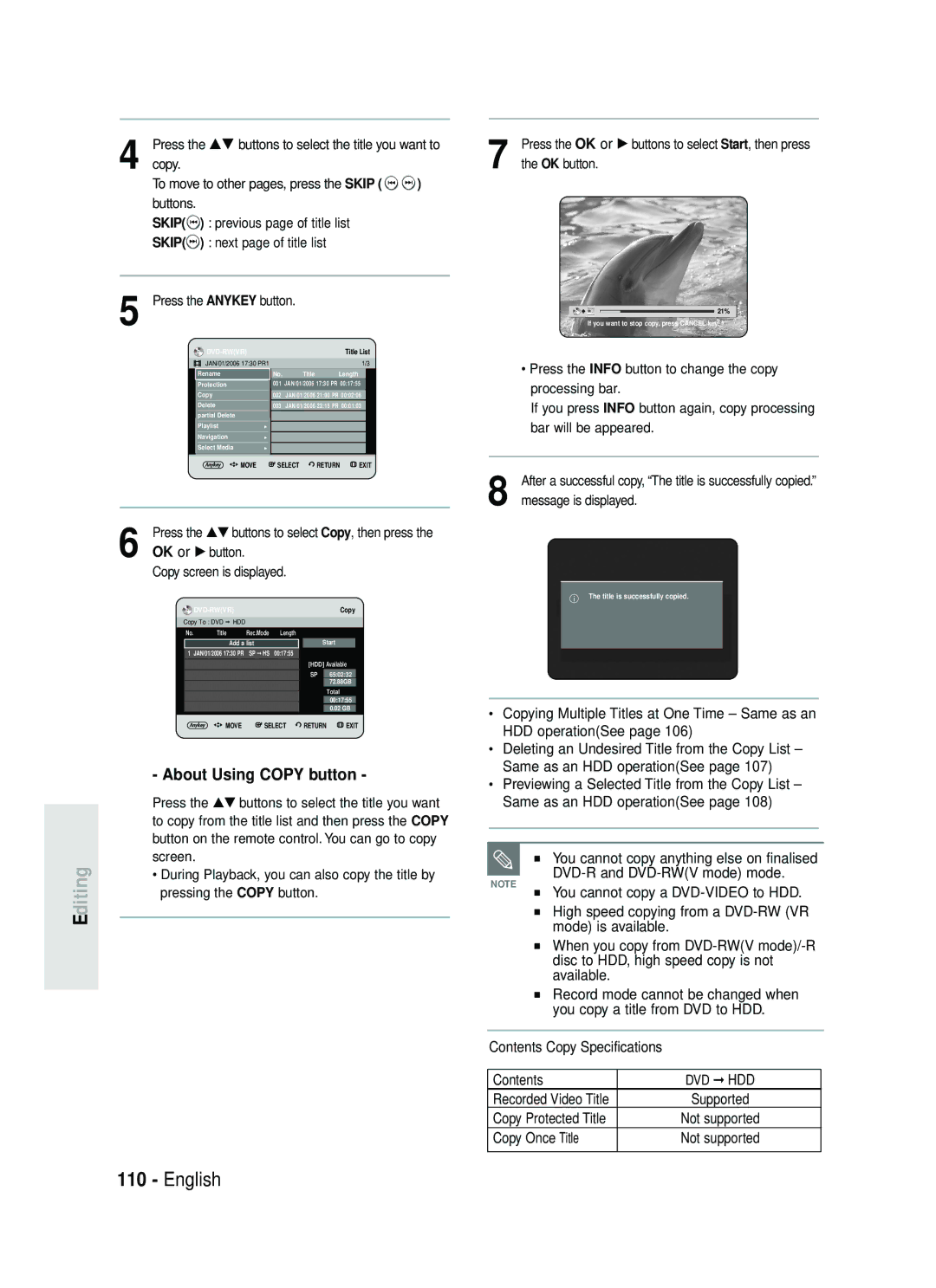 Samsung DVD-HR734/EUR Same as an HDD operationSee, Previewing a Selected Title from the Copy List, Mode is available 