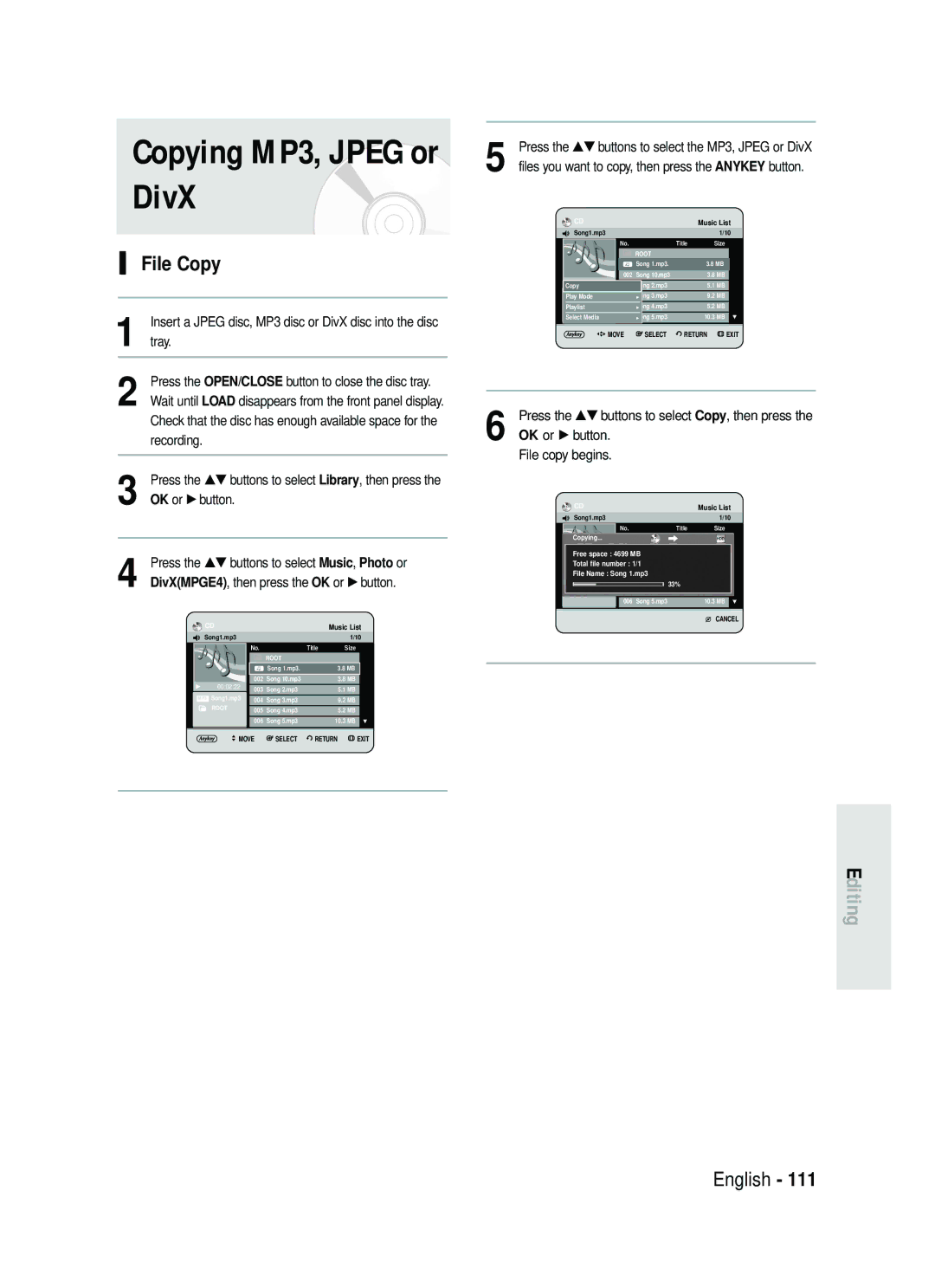 Samsung DVD-HR730/EUR, DVD-HR734/EUR manual Copying MP3, Jpeg or DivX, File Copy 