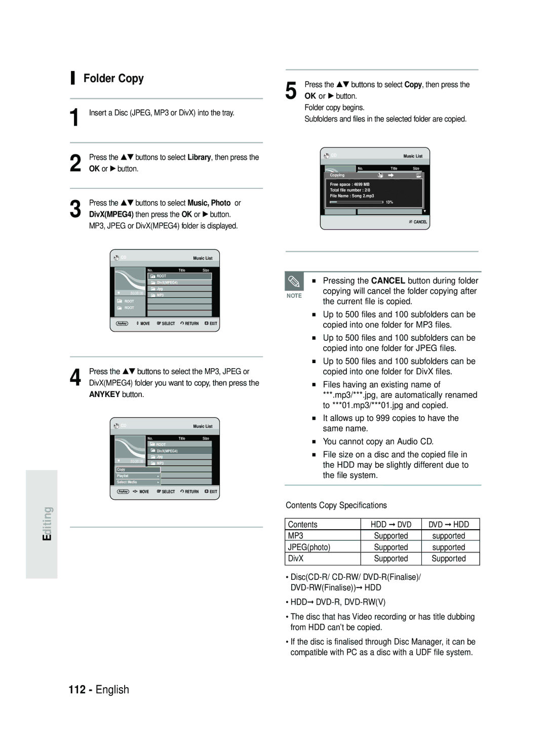 Samsung DVD-HR734/EUR, DVD-HR730/EUR manual Folder Copy, Pressing the Cancel button during folder 