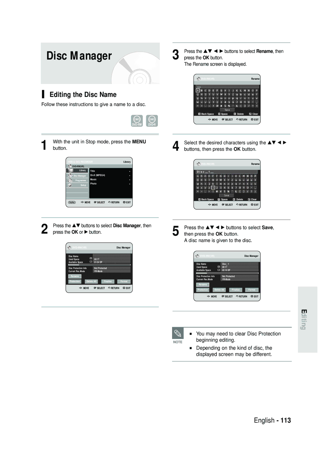 Samsung DVD-HR730/EUR Disc Manager, Editing the Disc Name, Beginning editing, Press the …† œ √ buttons to select Save 