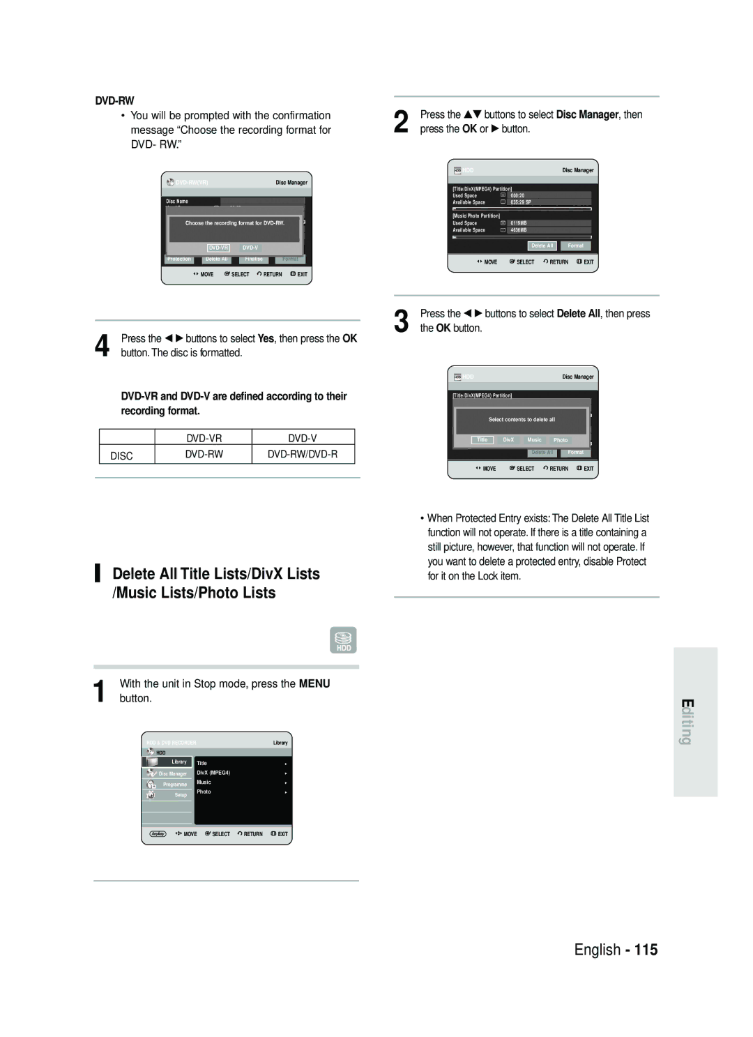Samsung DVD-HR730/EUR, DVD-HR734/EUR manual Delete All Title Lists/DivX Lists /Music Lists/Photo Lists, Dvd-Rw 