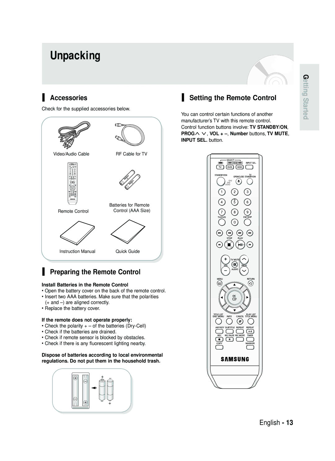 Samsung DVD-HR730/EUR, DVD-HR734/EUR manual Unpacking, Accessories, Preparing the Remote Control, Setting the Remote Control 