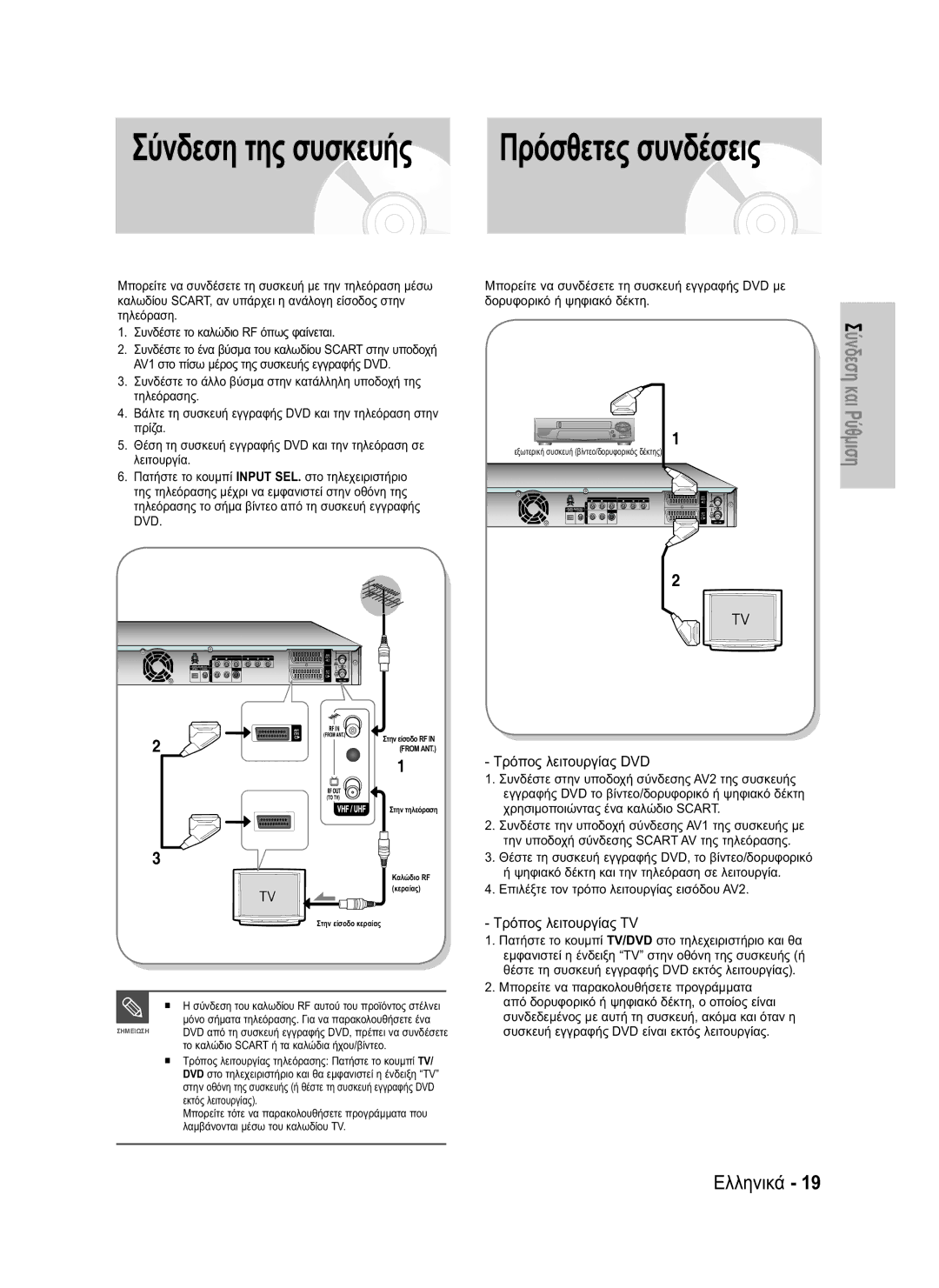 Samsung DVD-HR730/EUR, DVD-HR734/EUR manual Πρόσθετες συνδέσεις, Τρόπος λειτουργίας DVD, Τρόπος λειτουργίας TV 