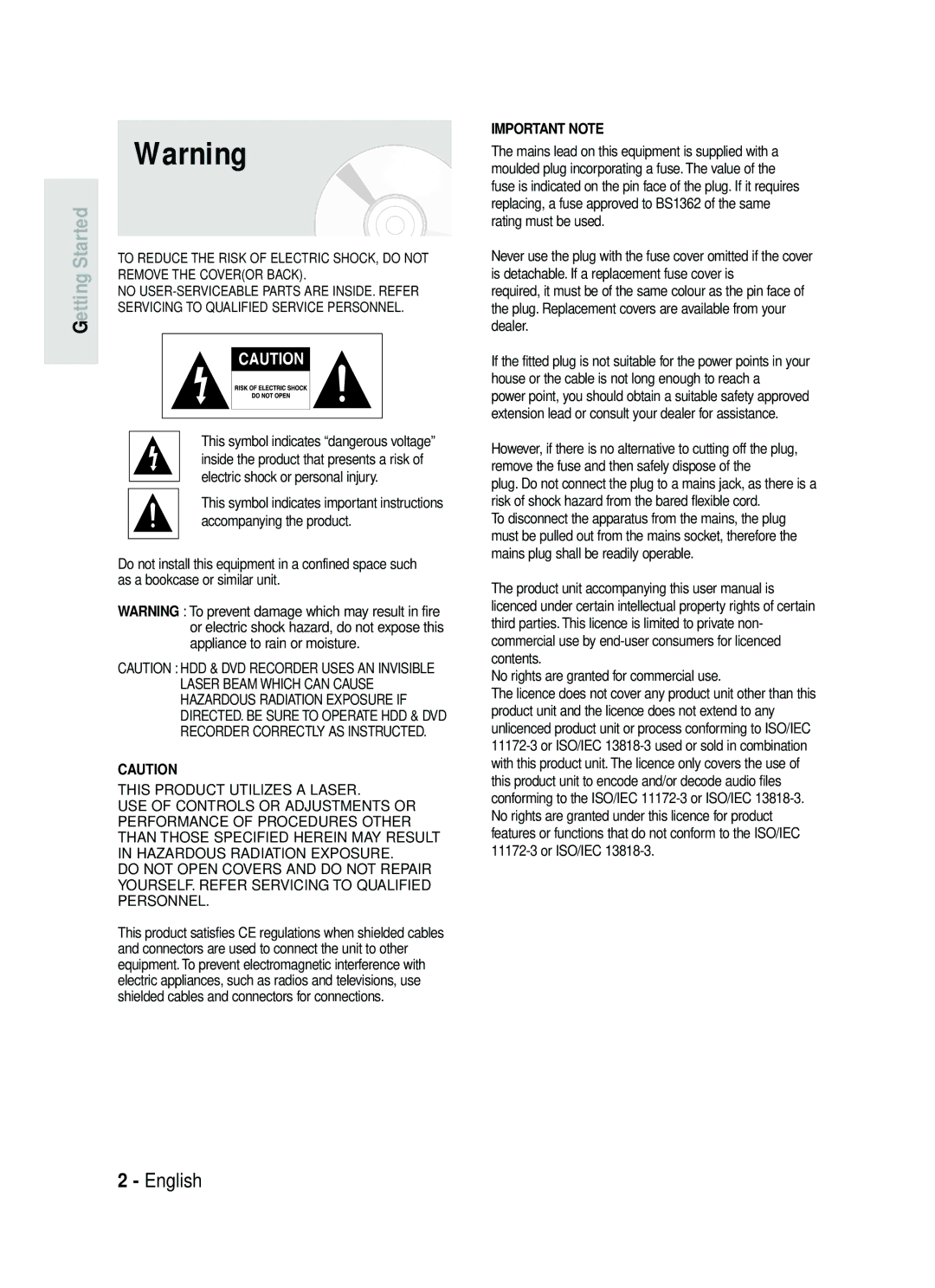 Samsung DVD-HR734/EUR, DVD-HR730/EUR manual Getting Started, No rights are granted for commercial use 