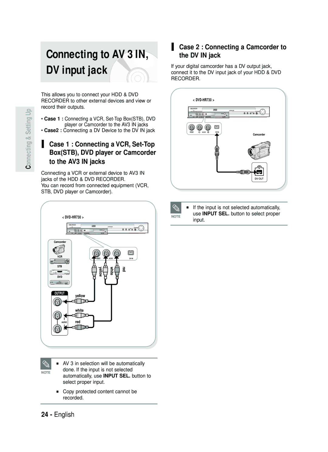 Samsung DVD-HR734/EUR, DVD-HR730/EUR manual To the AV3 in jacks, Case 2 Connecting a Camcorder to the DV in jack 