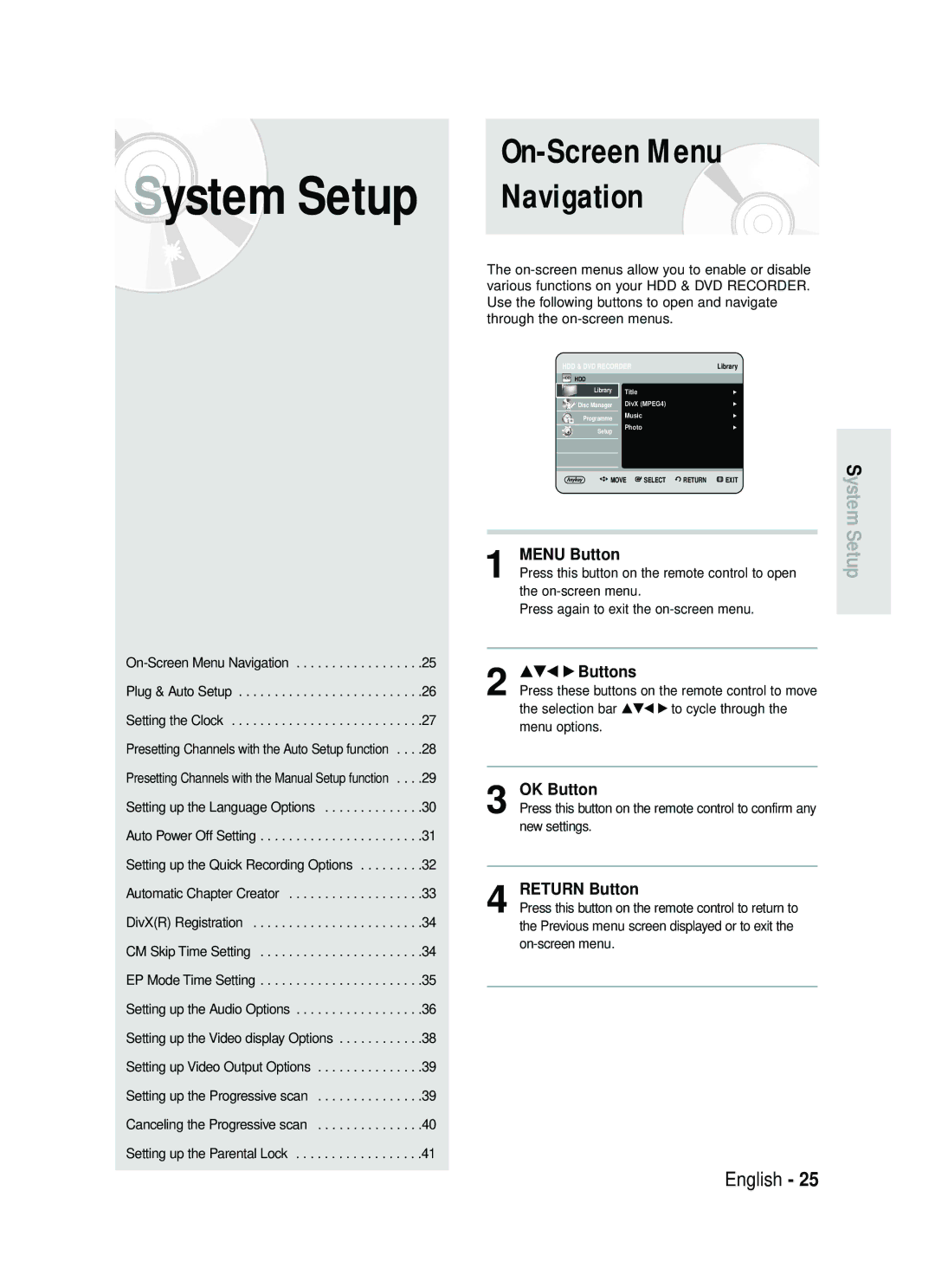 Samsung DVD-HR730/EUR, DVD-HR734/EUR manual On-Screen Menu Navigation, System Setup 